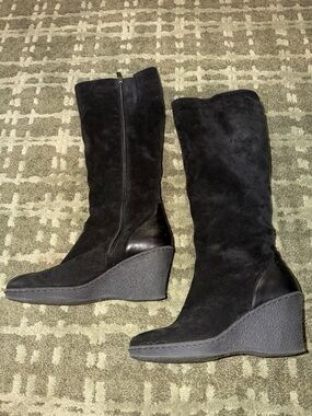 Aquatalia Black Suede And Fur Wedge Knee High Boots Size 8.5